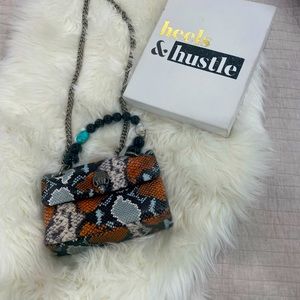 Small Crossbody Snake Pattern/Print” chain strap & short lacquer rocked handle.